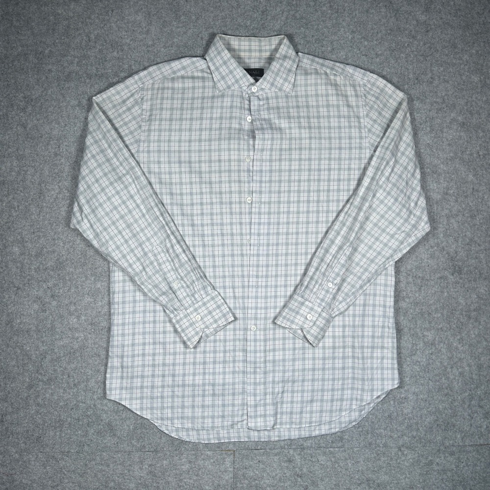 Canali Button Down Shirt Mens 17 XL Gray Plaid Italy Made Cotton Designer Luxury